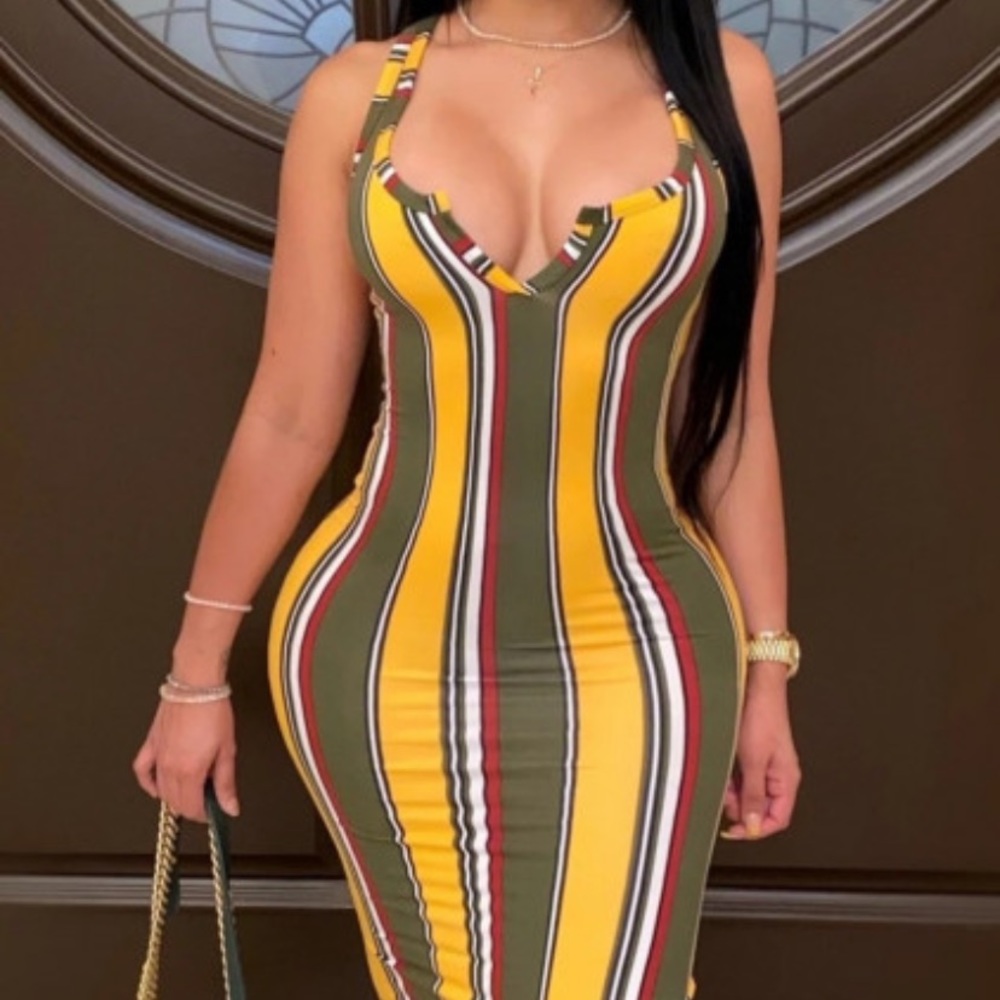 Green Striped Knee Length Dress